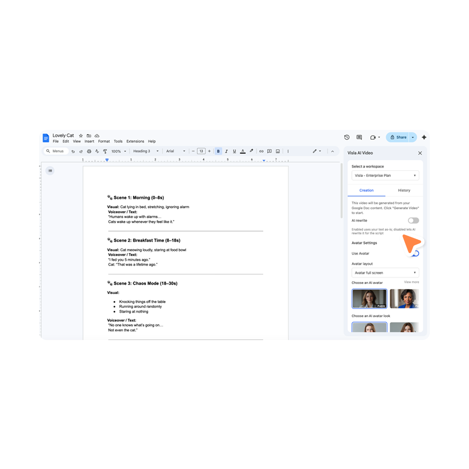 AI-generated video project created from Google Docs and ready for editing in Visla